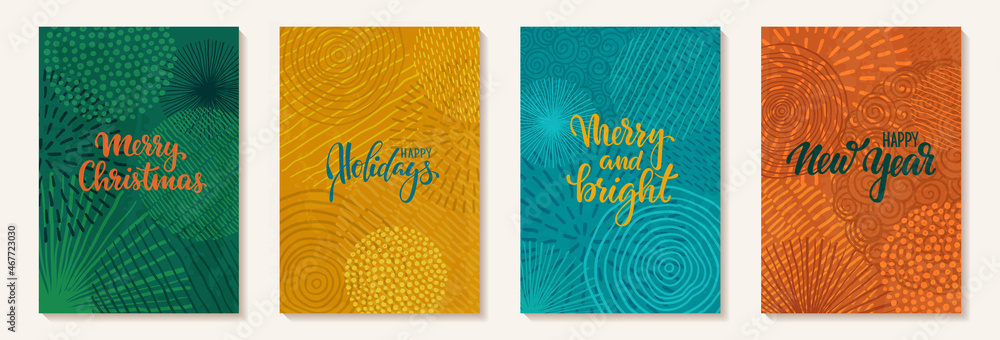 happy holidays Hand drawn brush pen lettering text on doodle background with scribble circles. design happy holiday greeting card and invitation of Merry Christmas and happy new year