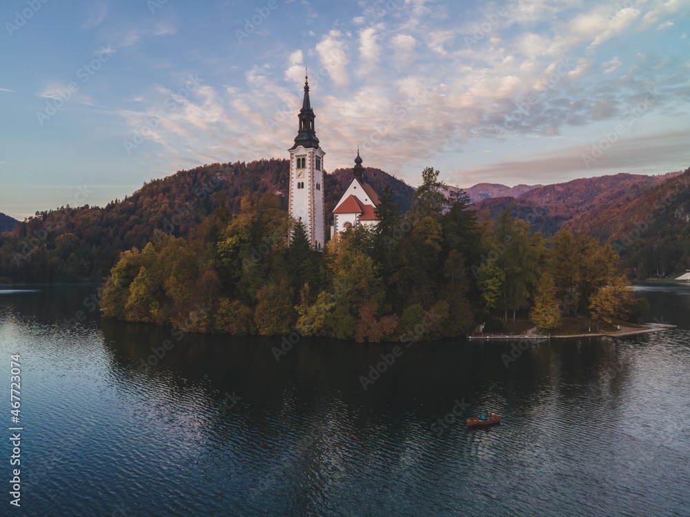 Fototapeta premium Drone views of the Pilgrimage Church of the Assumption of Maria in Bled, Slovenia