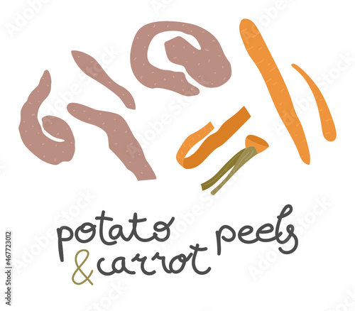 Potato and carrot peels illustration with hand drawn text. Isolated on white background.