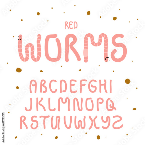 Font Red worms. Letters as if they are worms. Hand drawn alphabet.