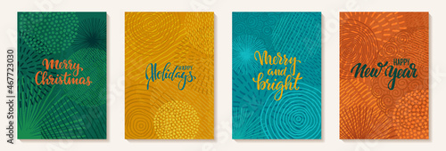 happy holidays Hand drawn brush pen lettering text on doodle background with scribble circles. design happy holiday greeting card and invitation of Merry Christmas and happy new year