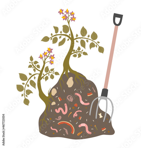 Illustration of compost heap with potato bushes, pitchfork, red worms, food leftovers. Art about farming, gardening, ecology, zero waste and sustainable household for posters, card, t-shirts.