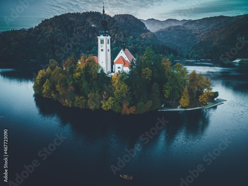 Drone views of the Pilgrimage Church of the Assumption of Maria in Bled, Slovenia