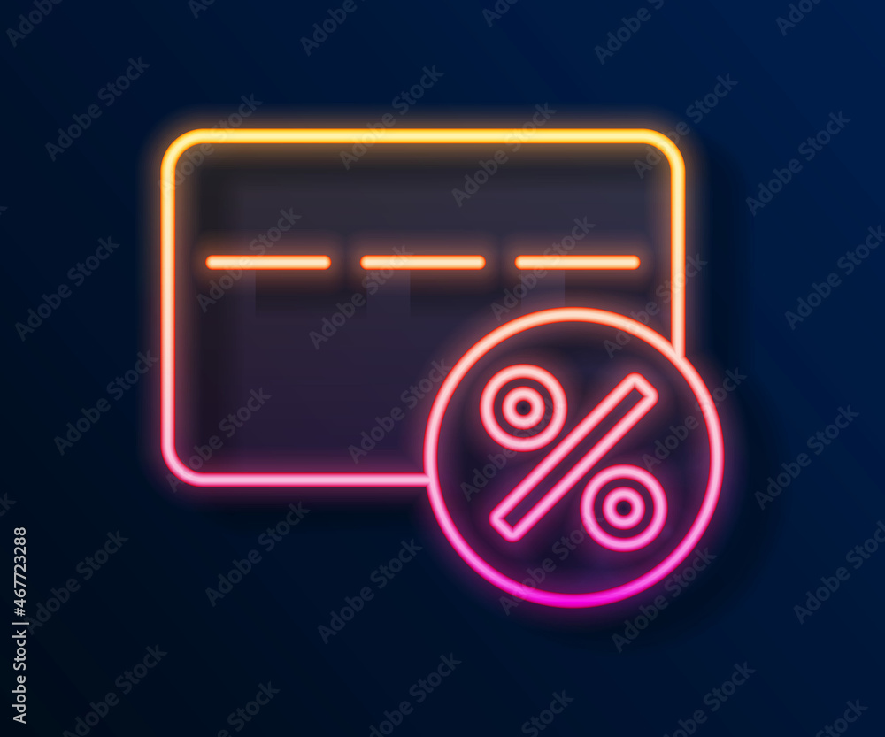 Glowing neon line Discount card with percent icon isolated on black background. Loyalty points card. Vector Glowing neon line Discount card with percent icon isolated on black background. Loyalty points card. Vector