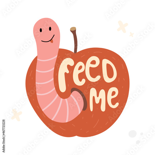 Cute red worm crawled out of the apple with lettering - feed me. Fun character illustration about ecology, zero waste, vermicomposting, and sustainable household.