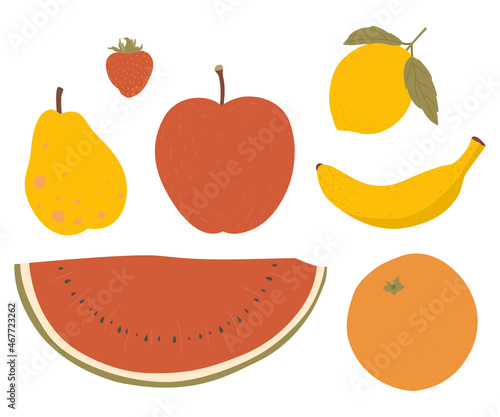 Illustration of a watermelon, pear, apple, lemon, banana, orange and strawberry. Cute flat vector illustration in pleasant colors. Isolated on white.