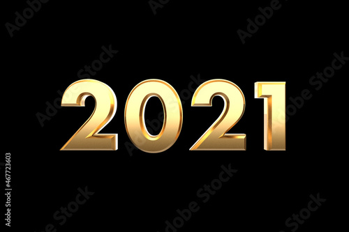 Happy New Year 2021 on background black. Golden 3D numbers 