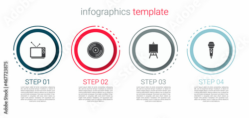 Set Retro tv, Vinyl disk, Easel or painting art boards and Microphone. Business infographic template. Vector