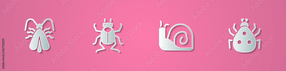 Set paper cut Clothes moth, Beetle bug, Snail and Ladybug icon. Paper art style. Vector Set paper cut Clothes moth, Beetle bug, Snail and Ladybug icon. Paper art style. Vector
