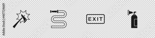Set Firefighter axe, hose reel, exit and extinguisher icon. Vector