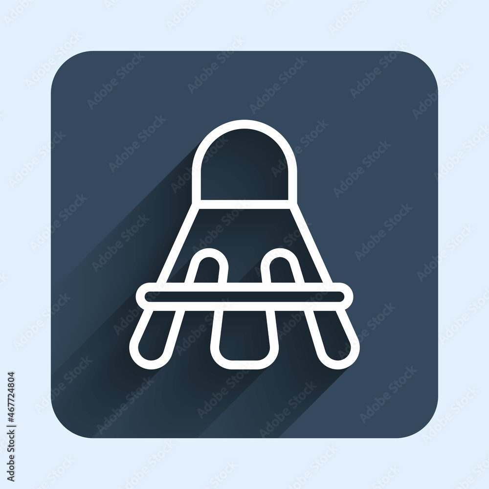 White line Badminton shuttlecock icon isolated with long shadow background. Sport equipment. Blue square button. Vector White line Badminton shuttlecock icon isolated with long shadow background. Sport equipment. Blue square button. Vector