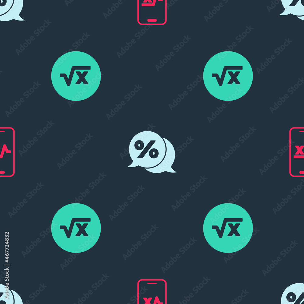 Set Square root of x glyph, Discount percent tag and on seamless pattern. Vector Set Square root of x glyph, Discount percent tag and on seamless pattern. Vector