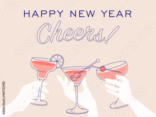 Happy new year postcard line illustration design. Party invitation