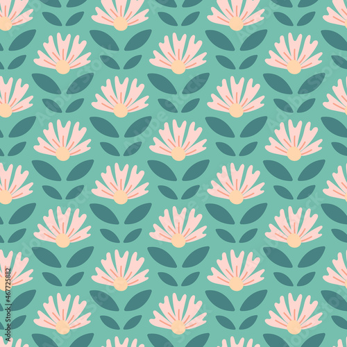 Sweet cute pink hand-drawn seamless floral pattern on green background