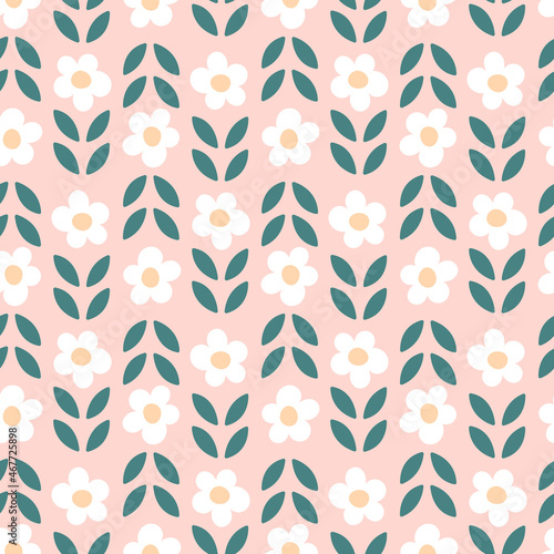 Sweet cute pink hand-drawn seamless floral pattern on pink background