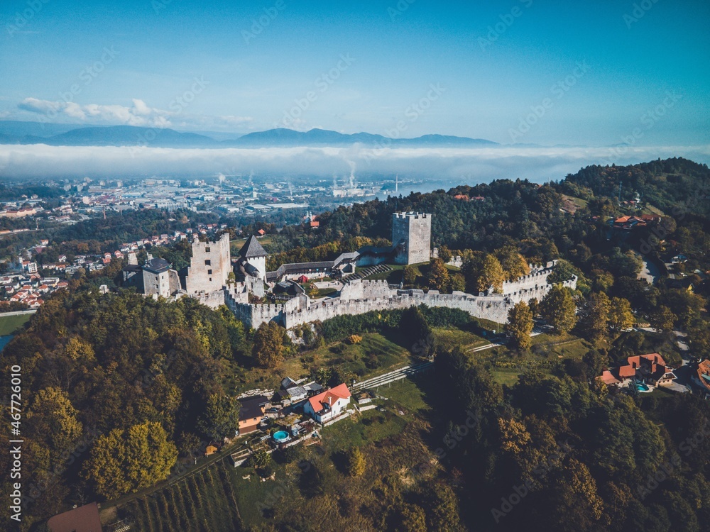 Drone view of Celje castle in Slovenia