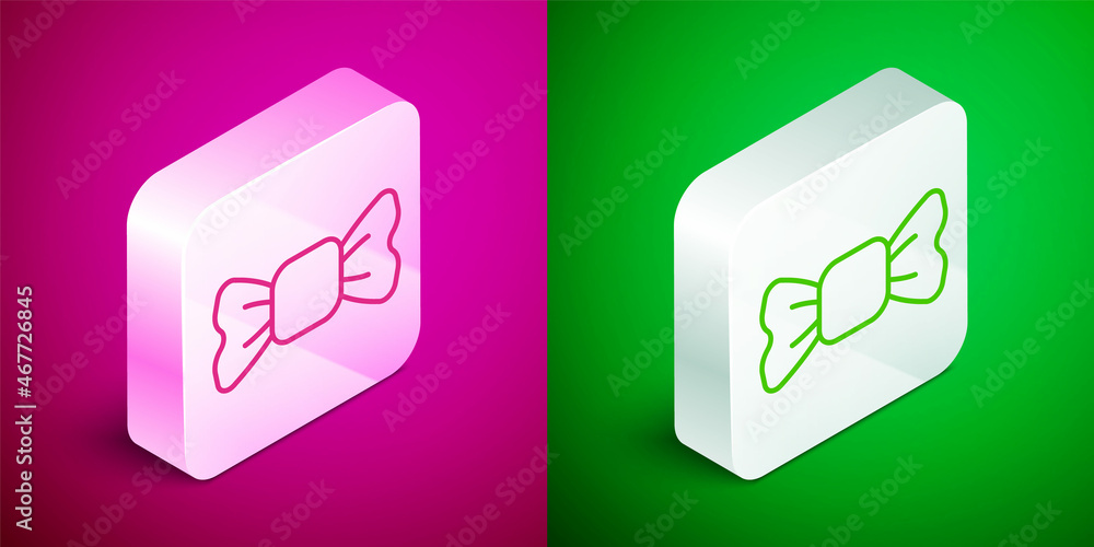 Isometric line Bow tie icon isolated on pink and green background. Silver square button. Vector Isometric line Bow tie icon isolated on pink and green background. Silver square button. Vector