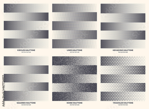 Different Variations Halftone Striped Patterns Set Vector Geometric Texture Isolated On White Background. Modern Various Half Tone Textures Collection Circles Lines Noise Squares Hexagons Triangles