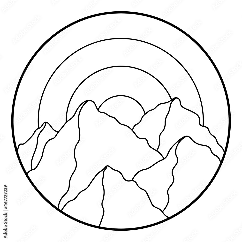 Vector illustration of mountain. Hand drawn outline icon in circle frame. For print, web, design, decor, logo. Vector illustration of mountain. Hand drawn outline icon in circle frame. For print, web, design, decor, logo.
