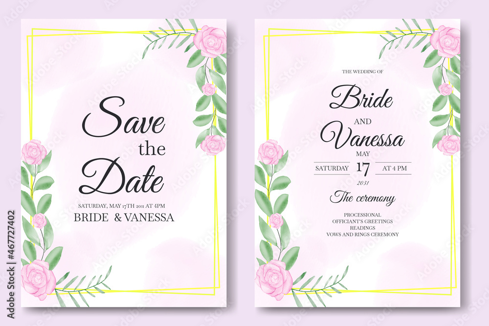 wedding invitation card set template design with watercolor greenery leaf and flowers