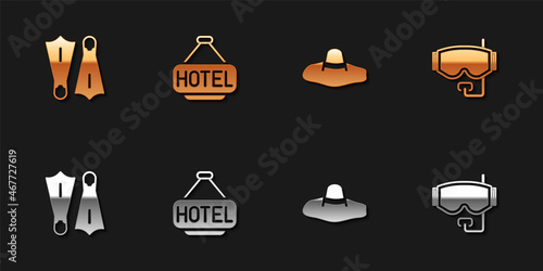 Set Rubber flippers for swimming, Signboard with text Hotel, Elegant women hat and Diving mask icon. Vector