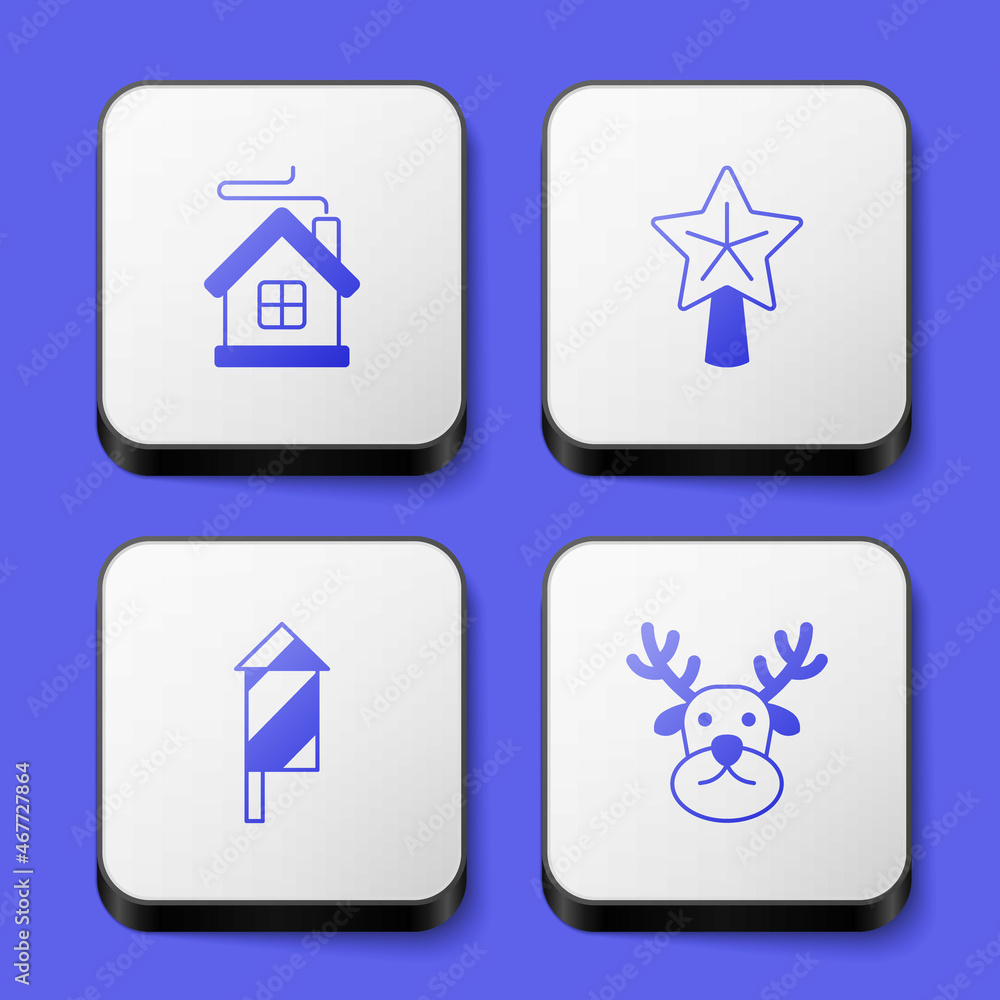 Set Merry Christmas house, star, Firework rocket and Reindeer icon. White square button. Vector Set Merry Christmas house, star, Firework rocket and Reindeer icon. White square button. Vector