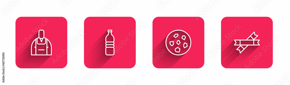 Set line Barista, Bottle of water, Cookie or biscuit and Sugar stick packets with long shadow. Red square button. Vector Set line Barista, Bottle of water, Cookie or biscuit and Sugar stick packets with long shadow. Red square button. Vector