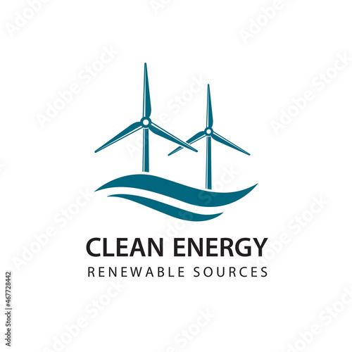 renewable energy icon with wind turbines and sea waves isolated on white background