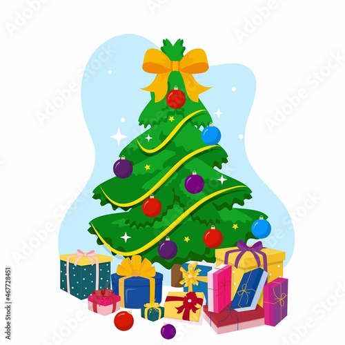 Merry Christmas and Happy New year concept with decorated Xmas tree, ribbons, stars and gift boxes. Cartoon holiday design for greeting card, flyer, business, invitation.Flat style vector illustration