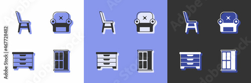 Set Wardrobe, Chair, Chest of drawers and Armchair icon. Vector