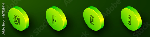 Set Isometric line Rafting boat, Ski and sticks, Longboard or skateboard and Snowboard icon. Vector