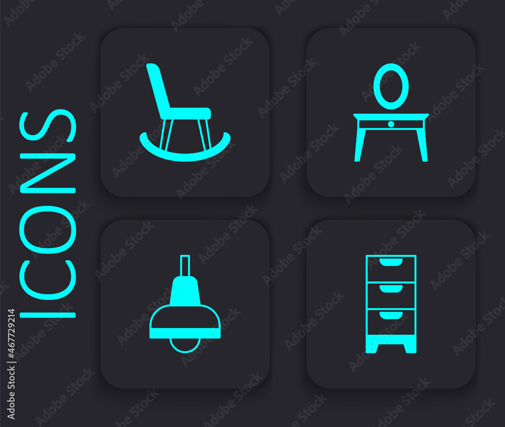 Set Chest of drawers, Armchair, Dressing table and Lamp hanging icon. Black square button. Vector Set Chest of drawers, Armchair, Dressing table and Lamp hanging icon. Black square button. Vector