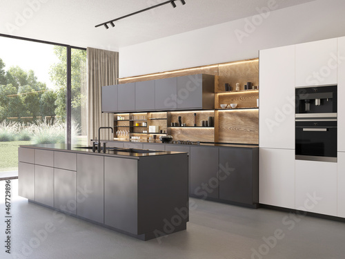 3d render of a modern contemporary minimalist kitchen with satin anthracite and white cabinets, wood backsplash and concrete floor
