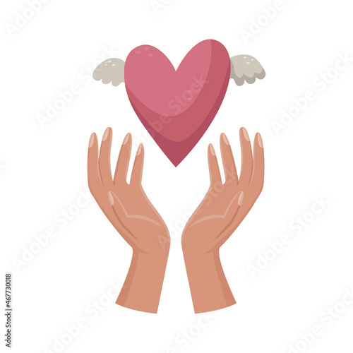 Vector illustration of a woman holding a heart under her hands. Hand gestures. Flat style illustration.