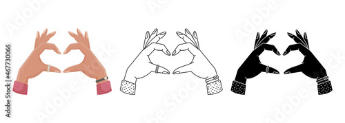 Vector set with illustrations of a hand gesture - heart  love gesture. Simple style  outline and flat style woman hands.