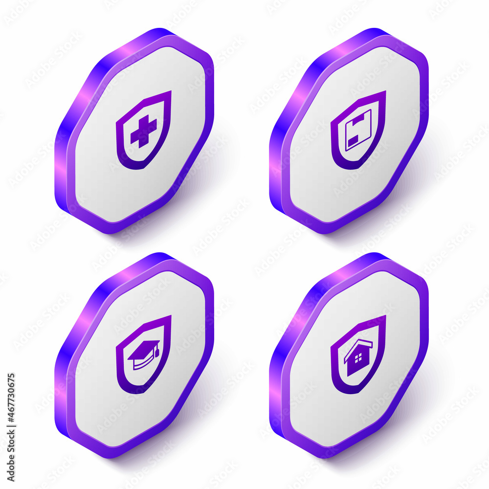 Set Isometric Life insurance with shield, Delivery security, Graduation cap and House icon. Purple hexagon button. Vector Set Isometric Life insurance with shield, Delivery security, Graduation cap and House icon. Purple hexagon button. Vector