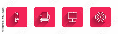 Set line USB flash drive, Cinema chair, Projection screen and Film reel with long shadow. Red square button. Vector