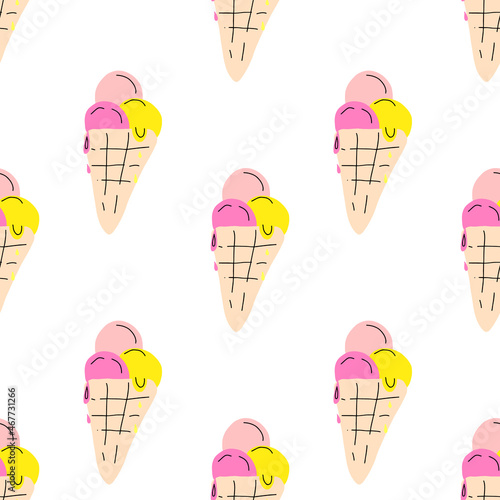 Cute seamless pattern with hand drawn ice cream for summer prints, posters, wrapping paper, backgrounds, wallpaper, scrapbooking, textile, kids fashion, stationary. Vector illustration.