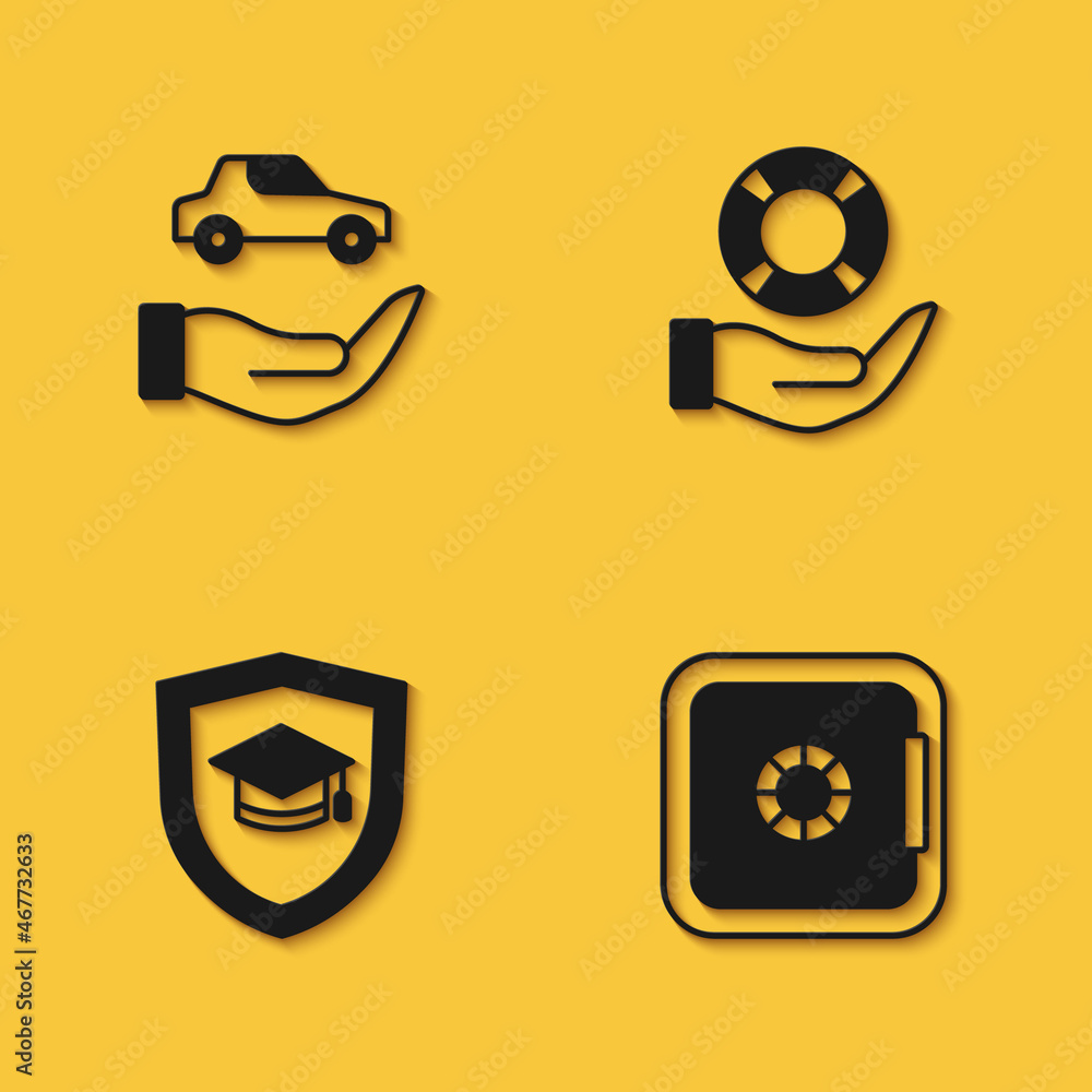 Set Car insurance, Safe, Graduation cap with shield and Lifebuoy hand icon with long shadow. Vector Set Car insurance, Safe, Graduation cap with shield and Lifebuoy hand icon with long shadow. Vector