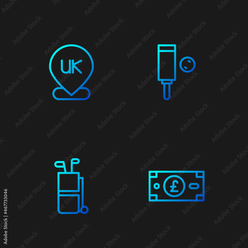 Set line Pound sterling money, Golf bag with clubs, Location England and Wood cricket bat ball. Gradient color icons. Vector Set line Pound sterling money, Golf bag with clubs, Location England and Wood cricket bat ball. Gradient color icons. Vector