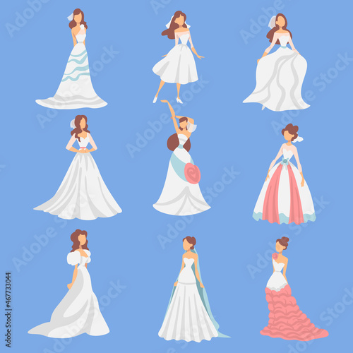 Bride in White Wedding Dress Standing as Newlywed or Just Married Female on Blue Background Vector Set