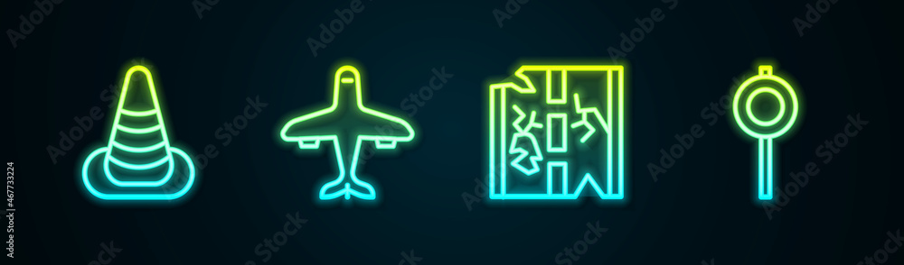 Set line Traffic cone, Plane, Broken road and Road traffic signpost. Glowing neon icon. Vector Set line Traffic cone, Plane, Broken road and Road traffic signpost. Glowing neon icon. Vector