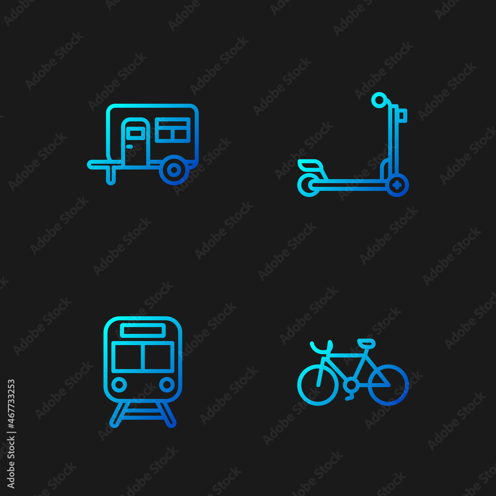 Set line Bicycle, Train and railway, Rv Camping trailer and Scooter. Gradient color icons. Vector Set line Bicycle, Train and railway, Rv Camping trailer and Scooter. Gradient color icons. Vector