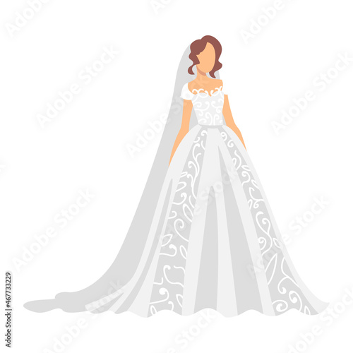 Bride in White Wedding Dress Standing as Newlywed or Just Married Female Vector Illustration