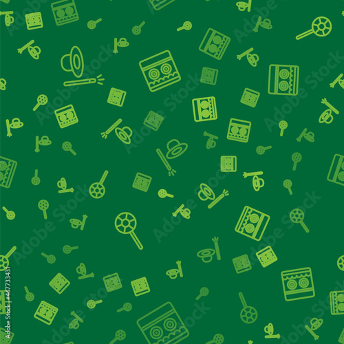 Set line Magic hat and wand, Lollipop and Shooting gallery on seamless pattern. Vector
