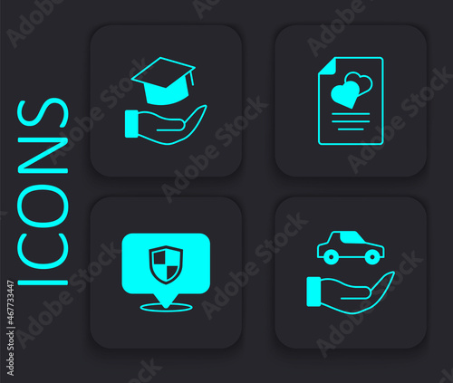 Set Car insurance, Education grant, Marriage contract and Location shield icon. Black square button. Vector