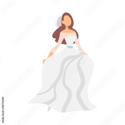 Bride in White Wedding Dress and Veil Standing as Newlywed or Just Married Female Vector Illustration