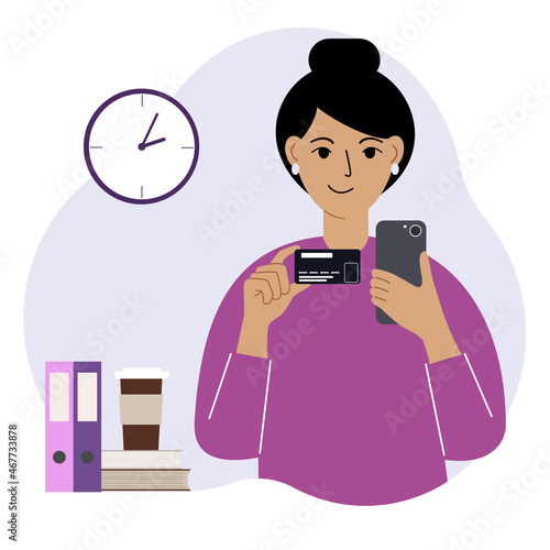 A woman with a mobile phone in her hand holds a bank card. Concept credit, deposit, payment, debit online. Vector