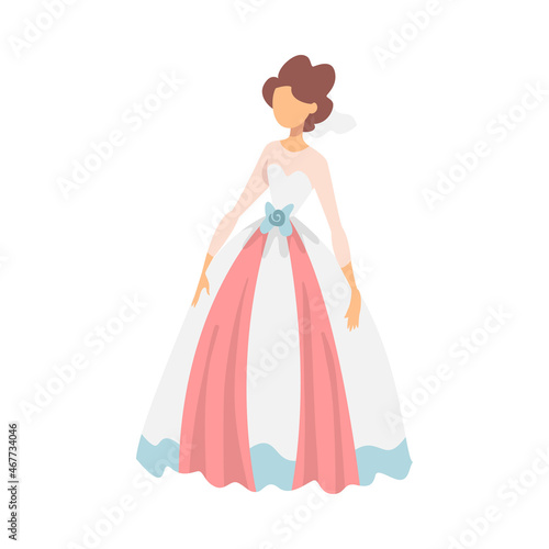 Bride in White and Pink Wedding Dress Standing as Newlywed or Just Married Female Vector Illustration