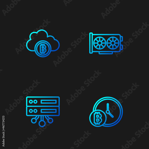 Set line Bitcoin with clock, Server, Cryptocurrency cloud mining and Video graphic card. Gradient color icons. Vector